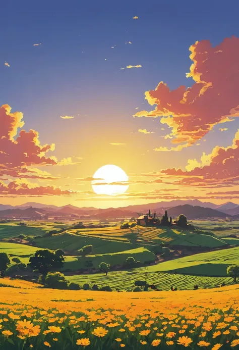 Draw a simple Tintin style art of a desert field with daisy flower plantation sunset bottom view of sun twilight hellish country house meadows sky!!!  clouds!! detailed in a field, anime nature, Makoto Shinkai!, anime beautiful peace scene, Anime Countrysi...