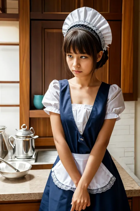 best quality, masterpiece,  franziskavkarma, solo, 1girl,,embarrassed, maid headdress, maid apron, maid, facing viewer, annoyed,