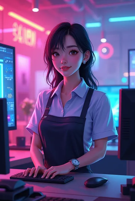 I want three separate images, from a cybercafe SALES ADMINISTRATOR with colors like pink, purple, blue JUST A GIRL (but it should not be Chinese)
