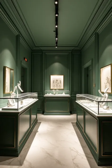 a jewelry store in white and dark green tones