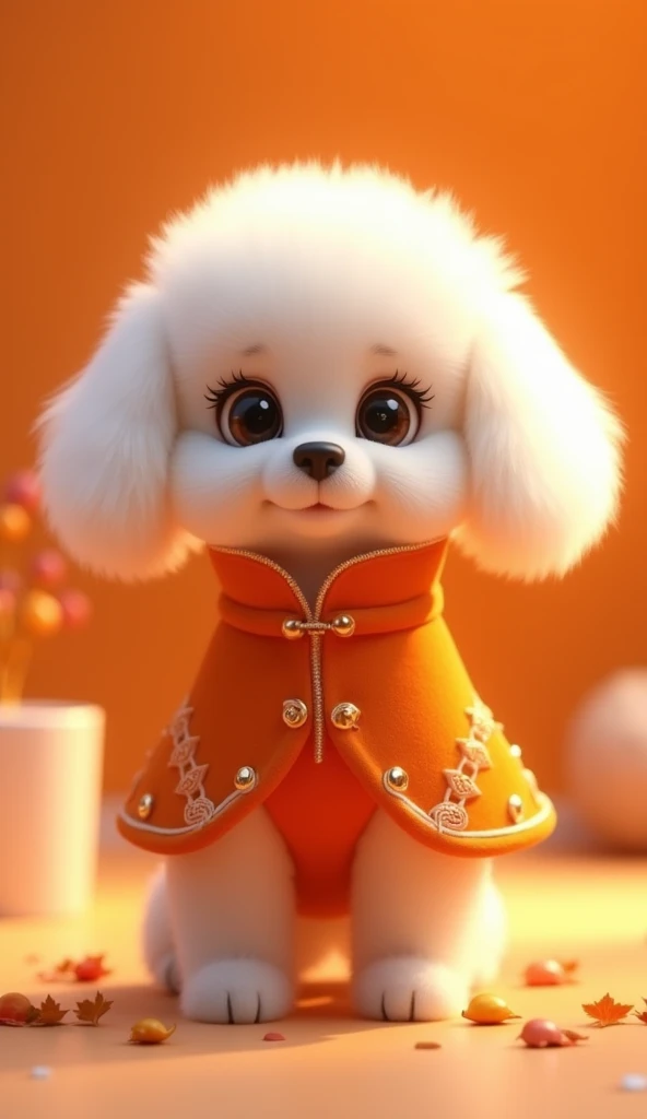 A extremely masterpiece 8k 3d animation image of a very cute white dog baby wear a very beautiful orange winter dress and his eyes is scattering with glow and orange background 
