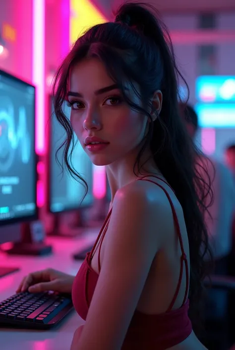 A beautiful young latina woman, 1girl, cybercafe supervisor, pink, purple, blue, detailed facial features, beautiful eyes, detailed lips, long eyelashes, detailed skin, cyberpunk, neon lights, hologram displays, high-tech workplace, cinematic lighting, pho...