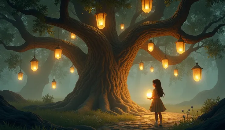 Mia seeks inspiration in the woods, where she discovers an ancient oak tree adorned with glethereal lanterns.