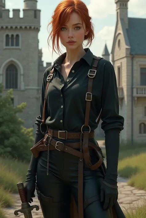 best quality, masterpiece, detailed, perfect face, beautiful face, fantasy, medieval, lady, fair skin, green eyes, ginger hair worn in a loose bun with side bangs, short hair, straight hair, black clothes, rogue, thief, rogue clothes, black clothes, mediev...