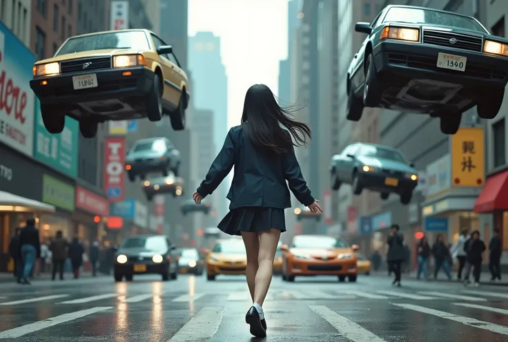 live-action、Real、Downtown NY、Beautiful Japanese schoolgirl、Superpowers、Black Hair、Long Hair、uniform、He&#39;s lifting the cars around him with his psychic powers.