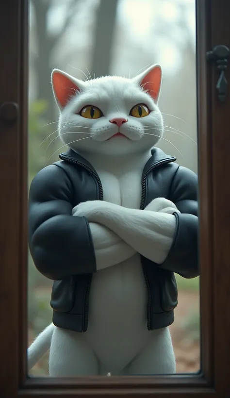 white bodybuilder cat looking out the glass window, with a sad facial expression, upper body scene, indoor background, white cat character bodybuilder wearing black jacket,  claymotion 3D