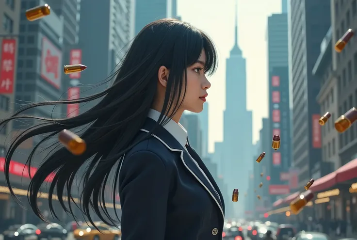 live-action、Real、Downtown NY、Beautiful Japanese schoolgirl、Superpowers、Black Hair、Long Hair、uniform、profile、Upper Body、Multiple bullets all stopped in front of the girl&#39;s face