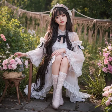 best quality, masterpiece, lifelike, 1 girl, solitary, eternity, black hair, long curly hair, Bangs, laugh out loud, Layered lace skirt,  Puff sleeves, Wide sleeves, Transparent sleeves,  flower, Detailed Background,  delicate face，pink blush，White，knee so...