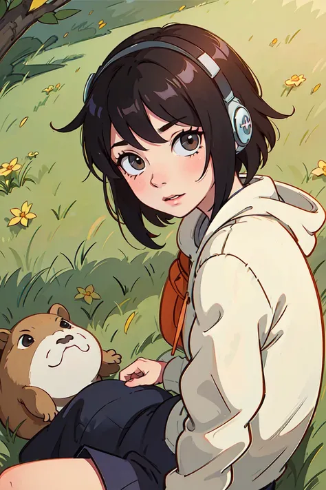 
anime girl sitting on a grassland listening to music, away shoot, with ((a capybara )) about 1/3 of the girl besides,  wearing a headphone, looking relaxing lying on the grass listening to music, look happy and relaxed, anime art wallpaper 8k, anime art w...