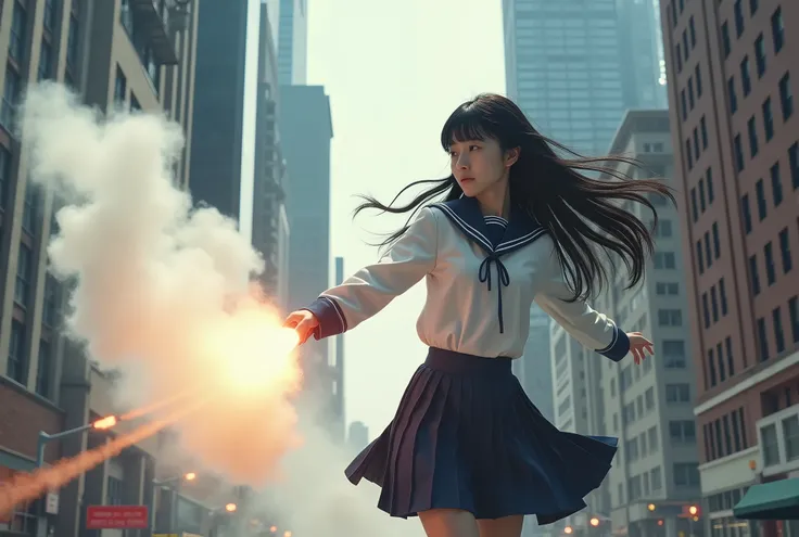 live-action、Real、Downtown NY、Beautiful Japanese schoolgirl、Superpowers、Black Hair、Long Hair、uniform、Upper Body、Using his psychic powers, he deflects a rocket that is fired at the girl, emitting white smoke.