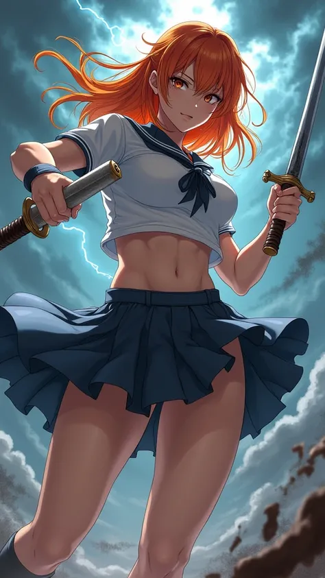 score_9, score_8_up, score_7_up, score_6_up, anime, adult woman, (japanese schoolgirl uniform), underboob, nipples, ((skirt lifted by a wind draft)), ((see genital part no underwear)), big breasts, swirl of air all around her, sword in one hand, storm back...