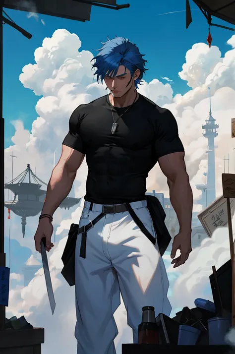 A male, muscular merchant with medium length blue hair stands in a fantasy market. He wears a toght black shirt, and baggy white pants. .His body begins to form into a cloud of smoke. He is in a fantasy setting.