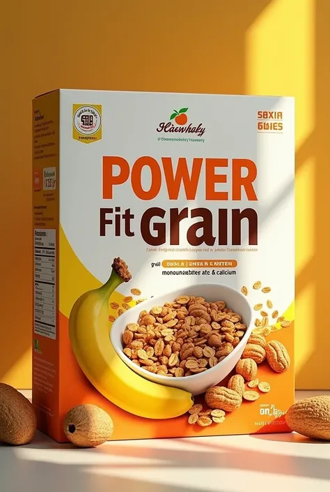 Make a box of cereal named “Power Fit Grain” with its component of banana, oat, malt, peanut. And nutrient fats of protein 56g, Carbohydrate 94.1g, Monounsaturated fats 54.5g Sodium 3.92g, Calcium 61g. This cereal product is suitable for athletes