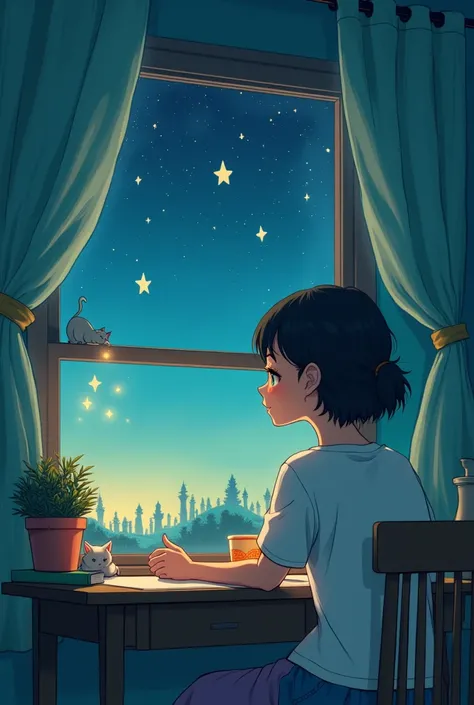 Anime song woman with a cute cat in the corner sitting on desk at the window, in the style of celestialpunk, nightcore, atmospheric ambience, duy huynh, teal, bob ross, quiet introspection, CHIBI style.