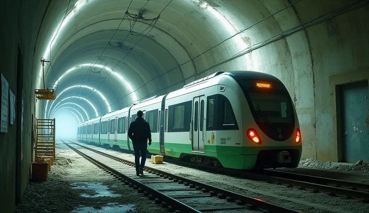 A modern metro train with green tracks, he is walking inside a tunnel under construction.