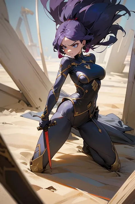 A woman with a voluminous body. 1 woman only. dolorida, kneeling, defeated. holding a sword. sword stuck in the ground. angry face. work of art, good anatomy