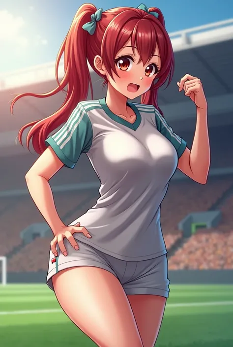 An anime soccer girl with big tits and butt doing an erotic pose