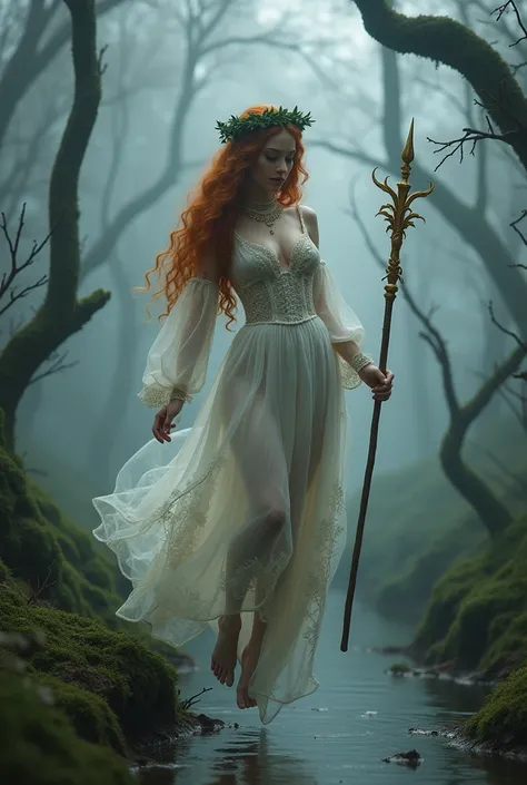 Beautiful girl,  Curly long hair castaño. Laurel wreath. pale skin. Embroidered medieval dress, translucent, detailed. Lace glove. Lace choker. red cape. Beautiful slim body, voluptuous. With a worn golden staff. Levitating over a swamp. Dense winter fogs....