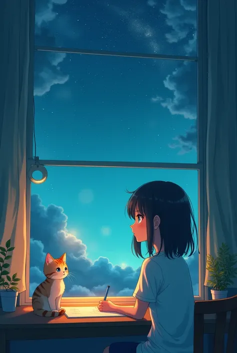 Anime girl with a cute cat in the corner sitting on desk at the window, in the style of celestialpunk, nightcore, atmospheric ambience, duy huynh, teal, bob ross, quiet introspection, CHIBI style.