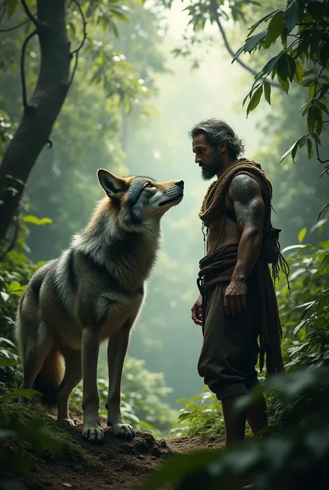 A wolf and man in the jungle same direction and distance 