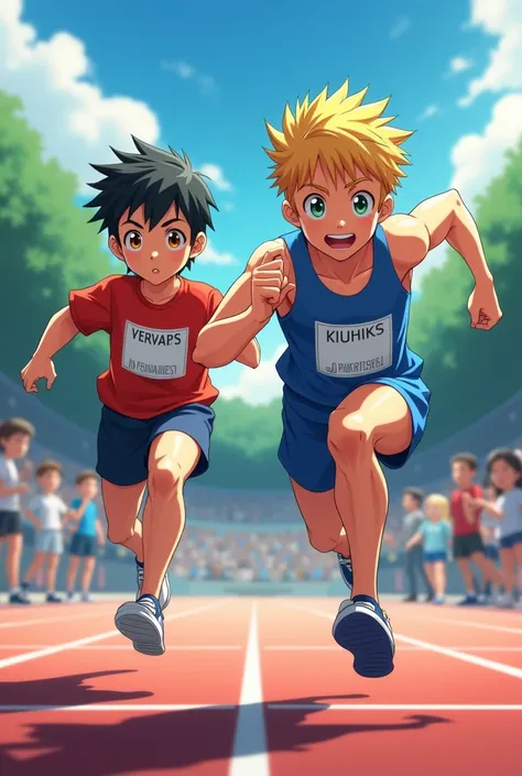 A  boy, medium height, with honey-colored eyes and black hair, who likes the sport of athletics. Another  boy, high, blond with green eyes competing against the other boy in a race. The 1 blond boy beats the 14-year-old boy in the race by a long distance.
...