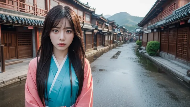 Angry Korean Beauty Standing on the Street of a Traditional Chinese Village