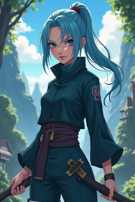 A cute girl with sky blue hair, black eyes, kunoichi clothes in Naruto anime,  and black eyes