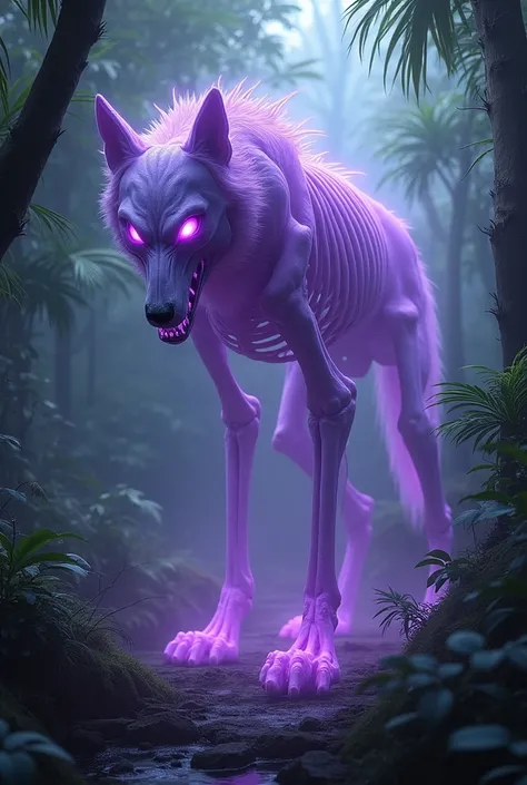 A big skeleton wolf and purple light inside the body purple eyes in the jungle 