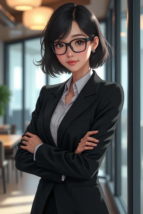 Japanese lady in black suit with black glasses, anime style, company background, gentle face