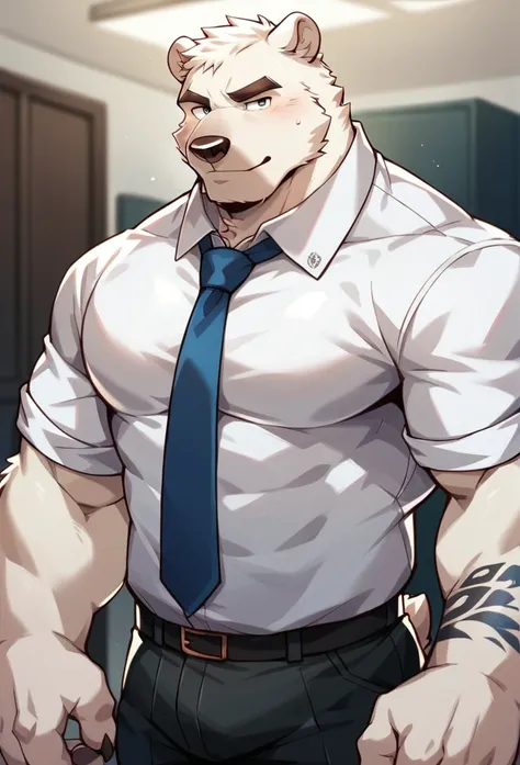 (Bara), (furry), ((Muscular polar bear in white shirt and tie with full arm tattoo)), in the office, sexy, handsome, ((portrait))