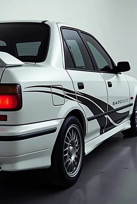 Toyota Corona 1997 4 passengers in white with black windows and designs on the white paint in black with spoiler and semi-sporty