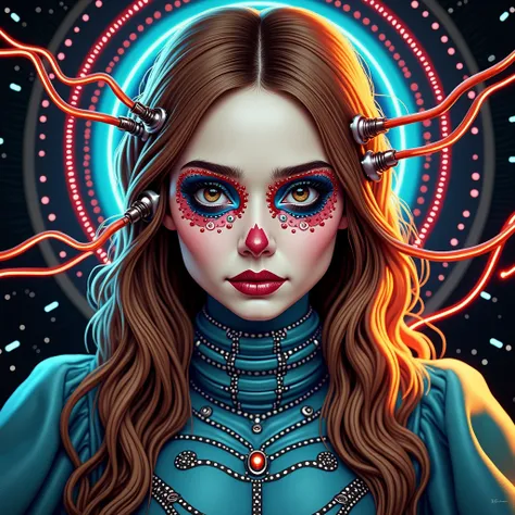 Photograph of a young Latina woman with beautiful Katrina makeup, She looks like Dakota Fanning but she is Latina, She has a beautiful Catrina dress, Mexico&#39;s Day of the Dead, has cables and light tubes connected to his head, It looks like a science fi...