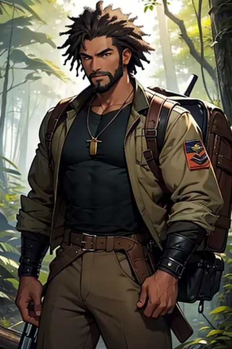 Male character approximately 30 years old, Afro Brazilian, black skin, light brown eyes, black curly hair, and short black beard, athletic physics, a pair of brown mechanic pants, black t-shirt, and on top a brown aviator style jacket, a necklace with a wo...