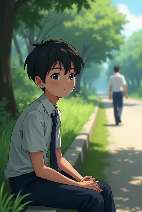 A school dressed boy sitting beside the the road and  man is crossing behind him