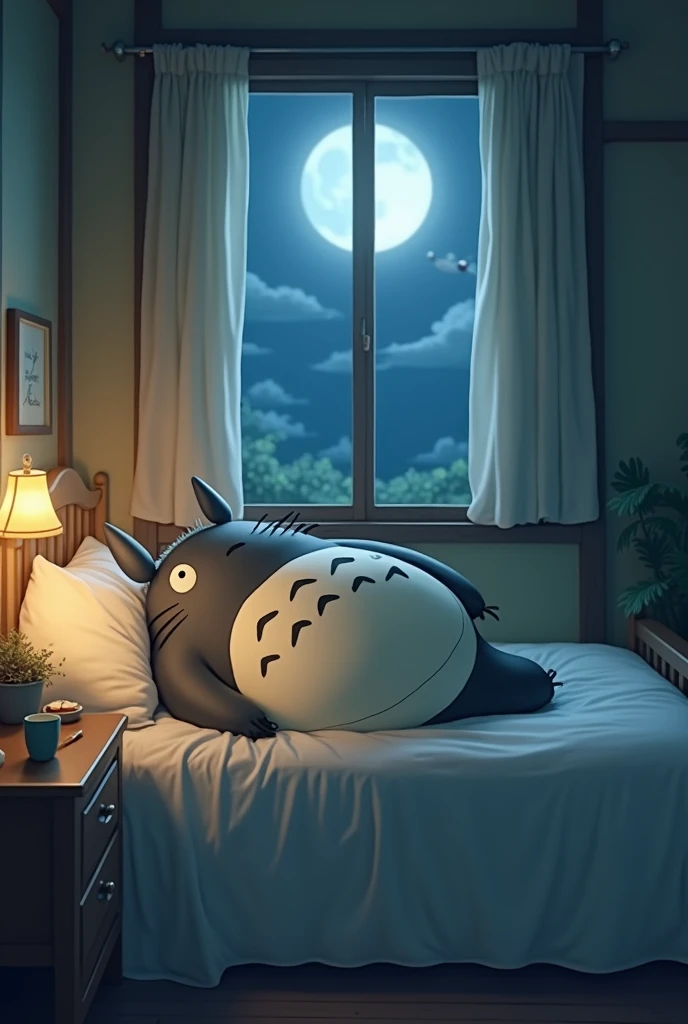 Totoro sleeping on the bed at night