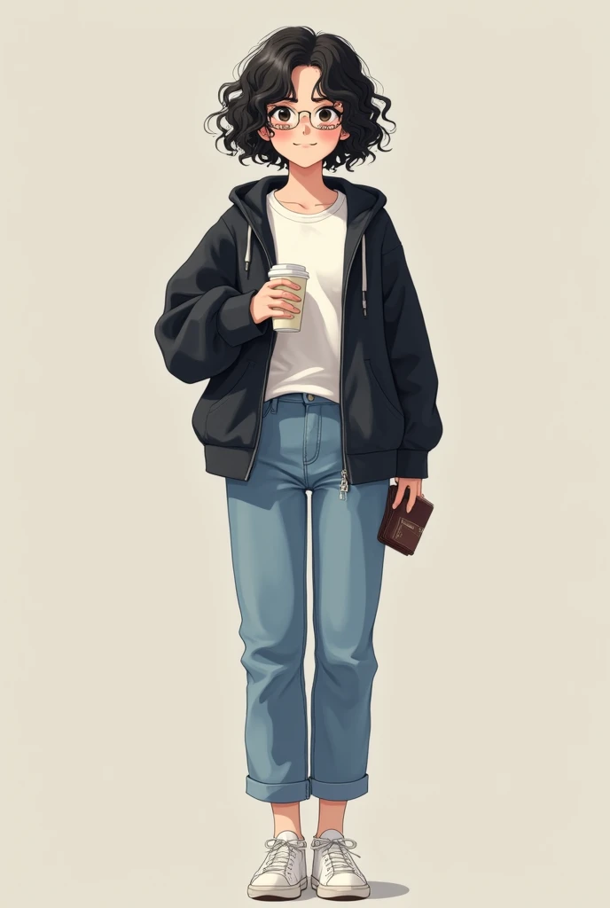 A woman with a height of 1.46, white tea, thin and with braces and curly black hair that is short at the corners of her head, white shirt, black sweatshirt and blue jeans, white tennis shoes and a wallet in his right hand. 