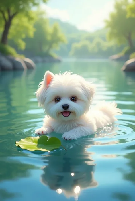 A small Maltese dog named Snowflake with soft, cloud-like white fur is swimming in a serene lake on a hot summer day. Initially cautious, the dog gently enters the water and starts paddling. Snowflake is attracted to a floating green leaf and swims gracefu...