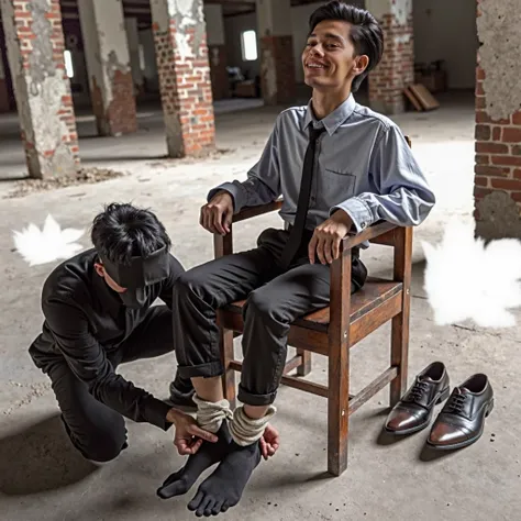 Zarul, 21 tahun, malay, formal dress, on a wooden chair, in an abandoned warehouse, without shoes, wearing black socks ,shoes are removed next to the chair, laugh out loud,handcuffed to the back of the chair,A Nama Ikmal kidnapper bowed down and touched Za...