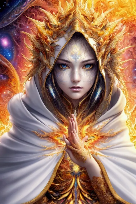 (masterpiece, top quality, best quality, official art, beautiful and aesthetic:1.2), (1girl), extreme detailed eyes, (fractal art:1.3), colorful, highest detailed, (perfect face), shiny skin, HDR, (white cloak golden lines:1.2), galaxy, (light streaks), st...