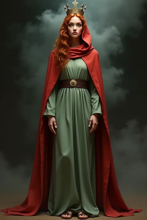 Make me a realistic image of the Virgin Mary. brunette woman, Muslim, long curly hair, natural red hair. brown eyes. Eyes fixed forward, sad woman. Hands down at the sides of the body. She wears a light green tunic, a red cloak, red veil, queen&#39;s crown...