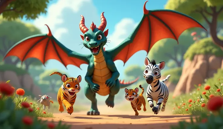 A dragon chases a tiger family and a zebra family、A tiger and a zebra are desperately running away。Pixar 3D anime style。Round and cute design。