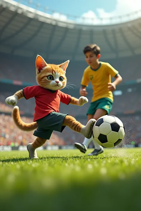 cat play football as a goalkeeper with ronaldo