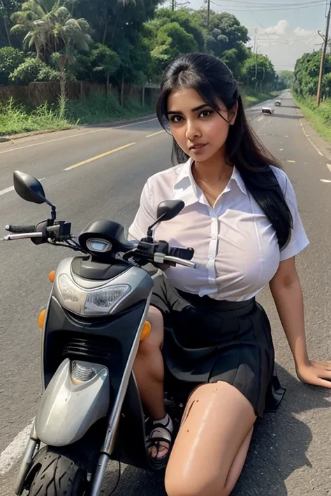 full body, sweating, A beautiful Pakistani woman, plump body, huge breast, wearing a white shirt, short skirt and grey tie, black belt and school bag on the ground, cute mouth expression, sitting on the side of the road, The scooter motorbike collapsed in ...