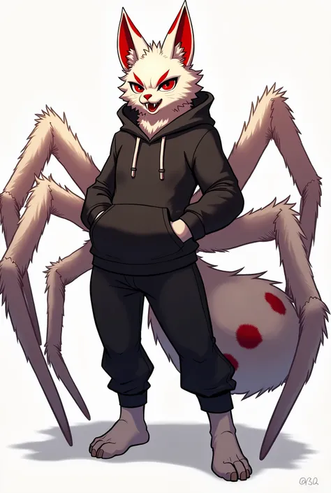 (masterpiece, furry art commission, high quality), (anthro male spider), (white fur with red markings)(six/6 arms), (giant fluffy ears) multiple (four/4) red eyes, handsome, confident, femboy, anthropomorphic art, sharp fangs, 1 character, fluffy, 1boy, (m...