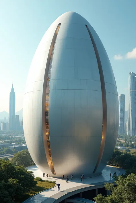 a modern high egg-shaped building located in a modern city