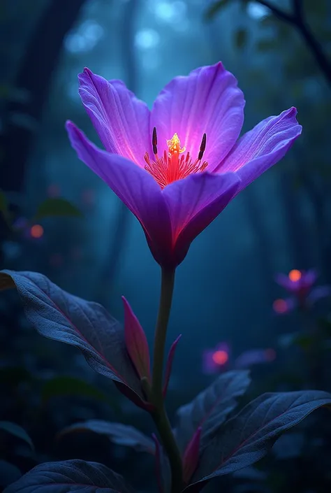 digital art, bioluminescent purple flower with red accents, fabulous night forest, mysterious, by Greg Rutkowski & Ilya Kuvshinov & Lois van Baerle, elegant, magical radiance, concept art, realistic, cinematic lighting, soft shadows, sharp focus, fractal, ...