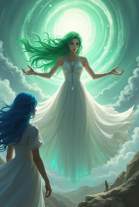 godess with green hair and white dress forming a huge wind behind her and a godess with blue hair watching her