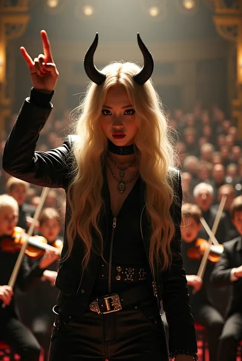 fille japonaise aux cheveux blond faisant parti dun groupe de heavy metal fait le signe du diable avec ses mains devant une chorale et un orchestre philarmonique.