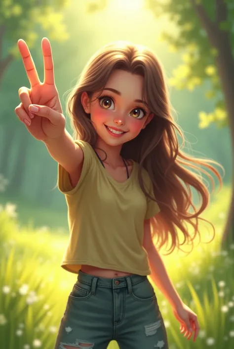 The girl in the picture is making a peace sign with her hand