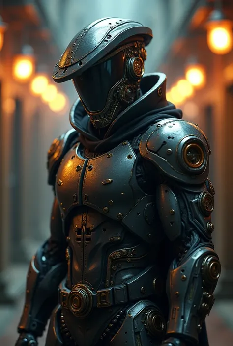 top-quality, Dramatic Lighting, menacing pose, fierce look, epic atmosphere, (((Helmet in the shape of a beret head))), (((Full body shot))),Berets made of metal, cyborgs, Cyberpunk style, Clockwork, ((Intricate details)), nffsw, ((Intricate details, hyper...